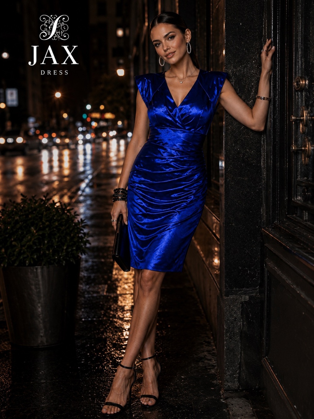 JAX Royal Blue Satin Cocktail Dress Size 4 Ruched Bodycon Formal